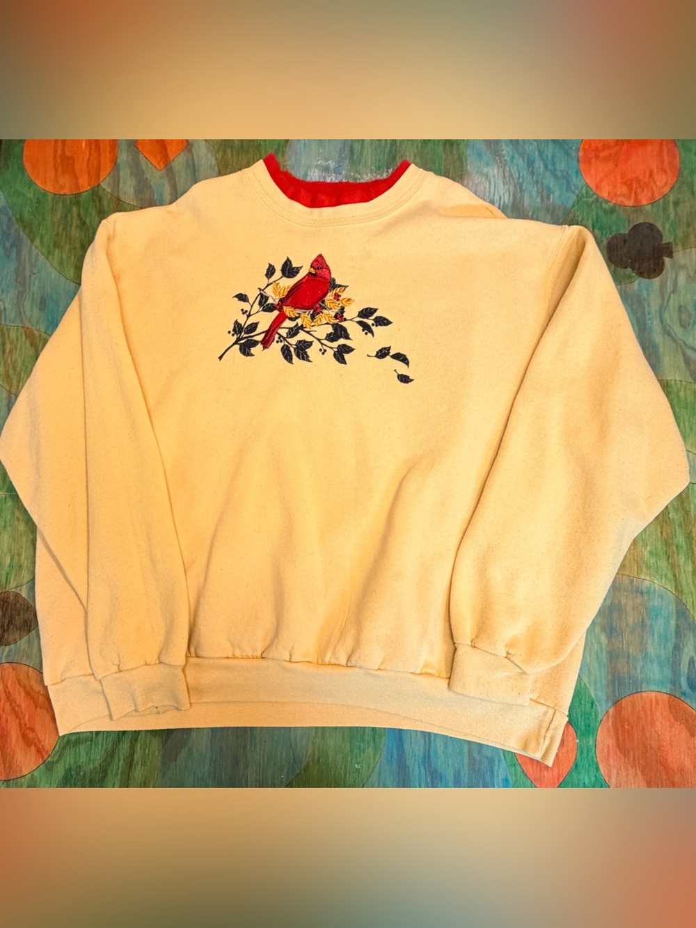 Vintage Top Stitch Cardinal Bird Mustard Yellow Sweatshirt Womans Size 2X Pullov